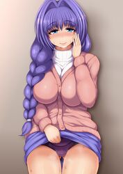  blue_eyes blush braid breasts female hair_intakes hair_over_shoulder kanon large_breasts long_hair looking_at_viewer mature milf minase_akiko panties ponpo purple_hair simple_background single_braid smile solo sweat 