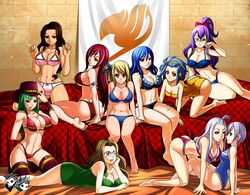  6+girls ass bikini bisca_mulan blonde_hair blue_hair bra breasts cana_alberona erza_scarlet evergreen fairy_tail glasses green_hair hat jadenkaiba juvia_loxar laki_olietta large_breasts levy_mcgarden lisanna lisanna_strauss lucy_heartfilia mirajane mirajane_strauss multiple_girls panties purple_hair red_hair swimsuit tattoo tattooed_breast thighhighs underwear white_hair 