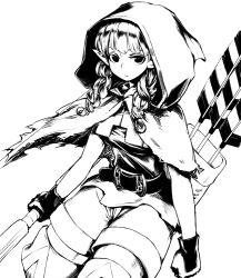  arrow_(projectile) bad_id bad_pixiv_id belt braid cloak dragon&#039;s_crown elf elf_(dragon&#039;s_crown) female gloves greyscale hood monochrome moru_(monaka) pointy_ears shorts solo twin_braids 