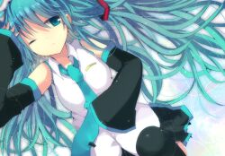  aqua_eyes aqua_hair bad_id bad_pixiv_id detached_sleeves female from_above hatsune_miku long_hair lying necktie on_back shimotsuki_eri solo twintails very_long_hair vocaloid 