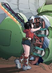  armor ass bad_id bad_pixiv_id black_eyes black_hair commentary_request denim denim_shorts elbow_pads energy_sword fanny_pack female fingerless_gloves gloves greaves harness huge_weapon machine mecha midriff original over_shoulder photoshop_(medium) robot science_fiction short_shorts shorts solo sukabu sword sword_over_shoulder twintails weapon weapon_over_shoulder 