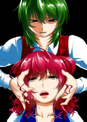  2girls black_eyes commentary_request green_hair hair_bobbles hair_ornament hands head_grab kazami_yuuka lips mattari_yufi multiple_girls onozuka_komachi plaid plaid_vest red_hair short_hair tears touhou two_side_up unmoving_pattern vest you_gonna_get_raped 