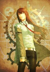  bad_id bad_pixiv_id black_shorts blue_eyes brown_hair female gears highres jacket long_hair makise_kurisu necktie om_(carbohydratism) pantyhose pantyhose_under_shorts short_shorts shorts solo standing steins;gate 