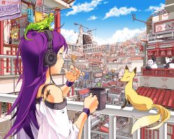  2girls animal animal_ears animal_on_head architecture bad_id balcony bare_shoulders billboard blonde_hair brushing_teeth circle_a cityscape clothesline cloud crane_(machine) cup day east_asian_architecture feline fox fox_ears from_behind grado_labs half-life_(series) half-life_2 headphones iguana lantern lizard logo long_hair mug mug_writing multiple_girls newspaper on_head original outdoors panda paper_lantern photoshop_(medium) print_mug profile purple_hair railing reading robot scenery tattoo toothbrush water_wheel wristband 