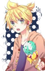  1boy aqua_eyes bad_id bad_pixiv_id blonde_hair food gomano_rio headphones ice_cream kagamine_len male_focus nail_polish photoshop_(medium) solo vocaloid 