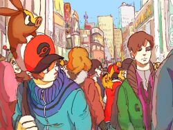  city looking_back pikachu pokabu pokemon pokemon_(game) pokemon_bw red_(pokemon) speed_painting tom5 touya_(pokemon) 