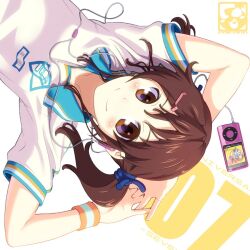  aoi_sora_(pairan) bad_id bad_pixiv_id blush brown_eyes brown_hair clothes_writing digital_media_player female hair_ornament hairclip headphones ipod original pairan smile soccer_uniform solo sportswear twintails upper_body 