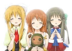  3girls air_(visual_novel) black_hair blonde_hair brown_hair clannad closed_eyes commentary_request company_connection crossover garbage_doll girl_from_the_illusionary_world kamio_misuzu kanon kawakami_tomoko key_(company) kurata_sayuri long_hair multiple_girls takashiro_(takashiro_factory) v voice_actor_connection 