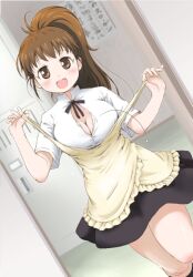  apron bad_id bad_pixiv_id blush breasts brown_eyes brown_hair bursting_breasts cleavage cleavage_cutout clothing_cutout dutch_angle female flying_button large_breasts long_hair no_bra open_mouth ponytail poponpin popped_button ribbon skirt smile solo strap_pull taneshima_popura undressing waitress working!! 