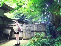  animal_ears bad_id bamboo bamboo_forest black_footwear black_skirt brown_eyes closed_mouth day eientei female forest from_behind full_body loafers long_hair looking_at_viewer looking_back nature outdoors purple_hair rabbit_ears reisen_udongein_inaba scenery shirt shoes short_sleeves skirt socks solo standing takanashi_akihito touhou tree very_long_hair white_legwear white_shirt white_socks 