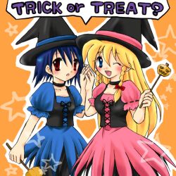  2girls akumajo_dracula blonde_hair blue_eyes blue_hair blush carrie_belnades carrie_fernandez castlevania castlevania:_legacy_of_darkness halloween lolicon maria_renard multiple_girls pumpkin red_eyes smile stick trick_or_treat 