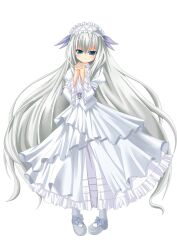  11eyes blue_eyes bow commentary_request dress female frills full_body gothic_lolita hairband lisette_vertorre lolita_fashion long_hair mary_janes nekono own_hands_clasped own_hands_together ribbon shoes smile solo white_background white_hair white_theme 