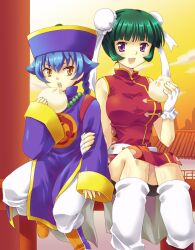  1boy 2girls beads beyblade blue_hair chi-yun_li chinese_clothes female green_hair mei_mei mei_mei_(beyblade) metal_fight_beyblade multiple_girls short_hair 