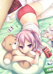  ass blush bow bow_panties buruma candy cellphone commentary_request crossed_arms earbuds earphones earphones_removed female food gym_uniform hair_bobbles hair_ornament hugging_doll hugging_object iphone light_smile lying magazine_(object) on_side on_stomach original panties panties_under_buruma panty_peek phone pillow pink_hair plaid plaid_skirt pleated_skirt pocky purple_eyes quiz_magic_academy red_buruma ryo_(botugo) shalon skirt smartphone solo stuffed_animal stuffed_toy teddy_bear thighhighs thighs underwear unworn_skirt white_panties white_thighhighs yellow_panties 