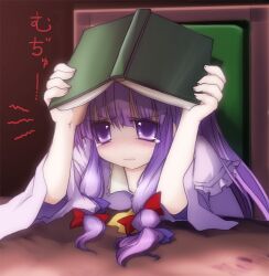  blush book bow chair commentary commentary_request darkness dress female hairbow holding holding_book izumi_yukiru mukyuu no_headwear no_nose patchouli_knowledge pun purple_dress purple_eyes purple_hair sitting solo table tears touhou translated wavy_mouth 