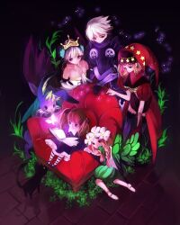  1boy 4girls alice_(odin_sphere) armor bare_shoulders black_armor blonde_hair blue_eyes bug butterfly butterfly_wings chair commentary_request cornelius_(odin_sphere) crown fairy feline flower gwendolyn_(odin_sphere) hair_flower hair_ornament highres hood insect_wings mercedes_(odin_sphere) multiple_girls oboro_keisuke odin_sphere oswald_(odin_sphere) reading red_eyes sitting socrates_(odin_sphere) velvet_(odin_sphere) white_hair wings 