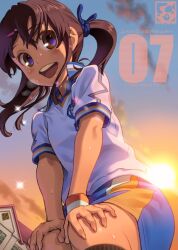  aoi_sora_(pairan) bad_id bad_pixiv_id blue_shorts brown_eyes brown_hair clothes_writing female hair_ornament hairclip looking_down open_mouth original pairan round_teeth shorts smile soccer_uniform solo sportswear sunset sweat teeth twintails 