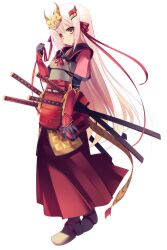  armor brown_eyes commentary_request dragonmaterial female hair_ribbon highres katana light_smile long_hair multiple_swords painttool_sai_(medium) pink_hair ribbon sengoku_hime simple_background solo sword takeda_shingen_(sengoku_hime) very_long_hair weapon white_background 