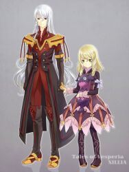  1boy black_gloves black_legwear blonde_hair boots bow coat commentary_request copyright_name doll dress duke_pantarei elize_lutus female frills full_body gloves green_eyes grey_background hanosuke height_difference highres holding_hands in-franchise_crossover long_hair pants pantyhose purple_dress purple_footwear red_eyes ribbon sidelocks smile tales_of_(series) tales_of_vesperia tales_of_xillia teepo_(tales) white_hair 