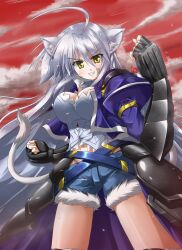  ahoge animal_ears armor breasts cat_ears cat_tail cloud commentary_request dog_days female fingerless_gloves gloves grey_hair highres large_breasts leonmitchelli_galette_des_rois long_hair photoshop_(medium) red_sky setomi_sora shorts sky solo tail thighs yellow_eyes 