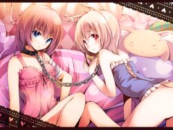  2girls animal_ear_fluff animal_ears bare_arms bare_shoulders bed bell blonde_hair blue_eyes blush bottomless bound_together brown_hair camisole chained chains chiri_(atlanta) chiriko_(atlanta) collar collarbone colorized commentary_request curtains hair_bell hair_ornament highres jingle_bell leash lingerie linked_collar looking_at_viewer looking_back medium_hair multiple_girls nekojirou open_mouth original photoshop_(medium) red_eyes stuffed_animal stuffed_toy tail ten&#039;inkou_korin underwear underwear_only 