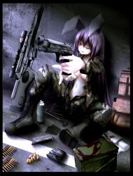  aiming alternate_costume ammunition ammunition_box animal_ears bandages beretta_92 blood boots breasts bullet cartridge cleavage commentary_request contemporary cross-laced_footwear female gun h&amp;k_sl8 handgun left-handed long_hair maeda_kousuke magazine_(weapon) medium_breasts military military_uniform no_bra one_eye_closed open_clothes open_fly open_shirt purple_hair rabbit_ears red_eyes reisen_udongein_inaba rifle scope shirt sitting sniper_rifle solo spray_can touhou underboob uniform unzipped weapon 