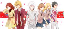  3boys 3girls accelerator_(toaru_majutsu_no_index) adjusting_hair albino bad_id bad_pixiv_id black_choker black_hair blonde_hair bow bowtie breasts brown_hair brown_sweater_vest choker emblem frown grin headband jacket jacket_on_shoulders kakine_teitoku level_5_(toaru) long_hair medium_breasts medium_hair misaka_mikoto mugino_shizuri multiple_boys multiple_girls open_clothes open_jacket pantyhose pleated_skirt red_bow red_bowtie rising_sun_flag ro53 school_emblem school_uniform shirt shokuhou_misaki short_hair short_sleeves skirt smile sogiita_gunha striped_clothes striped_shirt summer_uniform sunburst sweater sweater_vest thighhighs toaru_majutsu_no_index tokiwadai_school_uniform unmoving_pattern white_hair white_jacket white_thighhighs yellow_legwear zettai_ryouiki 