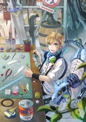  1boy axe blonde_hair blue_eyes blurry boxcutter brush cable commentary_request gun headphones indoors kirinosuke male_focus open_mouth original paint pliers road_sign robot ruler scissors shotgun sign smile solo spray_paint suspenders sword weapon wristband 