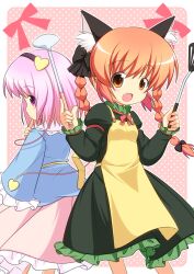  2girls animal_ears apron blush bow bowtie braid cat_ears commentary_request hairband hairbow heart kaenbyou_rin komeiji_satori ladle multiple_girls oerba_yun_fang orange_hair pila-pela pink_eyes pink_hair short_hair skirt spatula touhou twin_braids yellow_eyes 