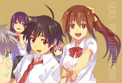  3girls brown_hair ikaros mitsuki_sohara multiple_girls pink_hair ponytail purple_hair sakurai_tomoki satsukitane_mikako silver_hair sora_no_otoshimono sugata_eishirou 