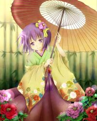  bamboo_fence commentary_request dress female fence floral_print flower green_dress green_kimono hair_flower hair_ornament hieda_no_akyuu highres japanese_clothes kimono long_sleeves multicolored_clothes multicolored_dress oil-paper_umbrella purple_dress purple_eyes purple_hair rikkunia short_hair smile solo touhou umbrella yellow_dress 