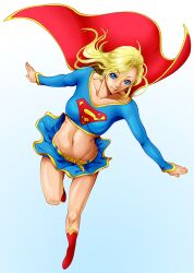  animification bad_id bad_pixiv_id belt blonde_hair blue_eyes boots cape clothes_lift commentary_request crop_top dc_comics female flying ikumo_taisuke long_hair midriff navel skirt skirt_lift solo supergirl superman_(series) wind wind_lift 