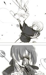  2girls blood commentary_request erica_hartmann gertrud_barkhorn greyscale in_the_face monochrome multiple_girls short_hair strike_witches tabigarasu world_witches_series yo-yo 