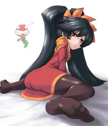  ashley_(warioware) ass bed_sheet black_hair black_legwear bondo breasts closed_mouth commentary_request dress female from_behind full_body hair_between_eyes hairband heart leaning_forward long_hair long_sleeves looking_at_viewer looking_back mario_(series) no_shoes on_bed orange_hairband pantyhose piranha_plant red_(warioware) red_dress red_eyes sitting small_breasts spread_legs tiara twintails very_long_hair warioware white_background 