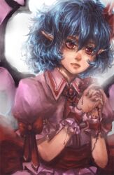  bad_id bad_pixiv_id bat_wings blood colored_eyelashes curly_hair expressionless female lips no_headwear own_hands_clasped own_hands_together pointy_ears purple_hair red_eyes remilia_scarlet sheryth short_hair short_sleeves solo thorns touhou wings wrist_cuffs 