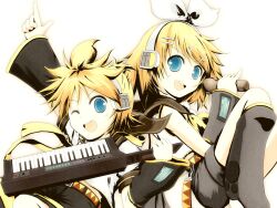  1boy aqua_eyes arm_warmers blonde_hair bow boy boy_and_girl brother_and_sister female female girl hairbow headset instrument kagamine_len kagamine_rin keyboard keyboard_(instrument) knee knees leg_warmers male microphone musical_instrument necktie open_mouth pointing school_uniform serafuku short_hair shorts siblings twins vocaloid wink 