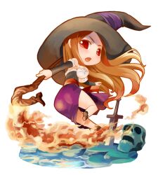  ass bare_shoulders breasts brown_hair chibi commentary_request detached_sleeves dragon&#039;s_crown dress female fire hat hirai_yukio long_hair medium_breasts photoshop_(medium) red_eyes side_slit skull solo sorceress_(dragon&#039;s_crown) staff strapless strapless_dress sword weapon witch_hat 