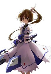  backlighting bad_id bad_pixiv_id brown_eyes brown_hair female fortress_(nanoha) gloves hair_ribbon highres lyrical_nanoha magical_girl mahou_senki_lyrical_nanoha_force one_side_up ribbon short_hair_with_long_locks simple_background skirt solo strike_cannon sunyukun takamachi_nanoha takamachi_nanoha_(exceed_mode) 