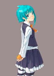  aqua_eyes aqua_hair arms_behind_back ascot asymmetrical_hair bad_id bad_pixiv_id blush female food freckles fruit highres holding holding_food holding_fruit looking_at_viewer looking_back maeda_risou orange_(fruit) original short_hair simple_background skirt smile solo standing striped_clothes striped_thighhighs thighhighs vest 