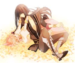  1boy black_eyes black_hair boots bracelet closed_eyes commentary_request couple estellise_sidos_heurassein female gloves grey_footwear jewelry kmikan knee_boots long_hair pink_hair short_hair straight tales_of_(series) tales_of_vesperia yuri_lowell 