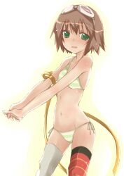  asymmetrical_clothes bad_id bad_pixiv_id bikini brown_hair female flat_chest goggles green_eyes rita_mordio short_hair side-tie_bikini_bottom smile solo string_bikini striped_bikini striped_clothes swimsuit tales_of_(series) tales_of_vesperia thighhighs yumesato_makura 