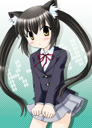  :&lt; animal_ears black_hair brown_eyes cat_ears commentary_request female k-on! long_hair nakano_azusa nekoma_kotomitsu sakuragaoka_high_school_uniform school_uniform solo twintails 