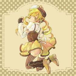  beret blonde_hair boots commentary_request den detached_sleeves drill_hair female full_body hair_ornament hairpin hat looking_at_viewer looking_back magical_girl mahou_shoujo_madoka_magica mahou_shoujo_madoka_magica_(anime) photoshop_(medium) shoe_soles solo striped_clothes striped_thighhighs thighhighs tomoe_mami tomoe_mami_(magical_girl) twin_drills twintails vertical-striped_clothes vertical-striped_thighhighs 