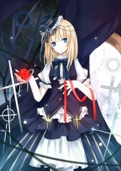  blonde_hair blue_hair bow commentary_request cross dress eclipse female flower gothic_lolita hat hiragi_rin lace lolita_fashion original photoshop_(medium) ribbon rose sky solar_eclipse solo star_(sky) starry_sky top_hat 