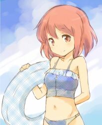  arm_behind_back bikini commentary_request female innertube kushieda_minori navel red_eyes red_hair shirotaka_(shirotaka) short_hair smile solo swim_ring swimsuit tankini toradora! zipper 