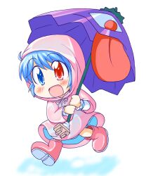  blue_dress blue_eyes blue_hair blush boots chibi commentary_request dress female geetsu geta heterochromia karakasa_obake long_tongue open_mouth purple_umbrella raincoat red_eyes rubber_boots running short_hair smile solo tatara_kogasa tongue tongue_out touhou umbrella 