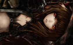  armor black_gold_saw black_hair black_rock_shooter female gloves highres king_saw long_hair photoshop_(medium) red_eyes solo sword tree_(chenshu) weapon 