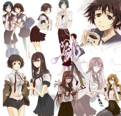  2boys 3girls bag black_hair blue_eyes blush cellphone coffee commentary_request glasses green_eyes jacket kiryuu_moeka lab_coat long_hair makise_kurisu multiple_boys multiple_girls okabe_rintarou otoko_no_ko pantyhose pencil_skirt phone plastic_bag school_bag school_uniform serafuku shiina_mayuri short_hair shorts skirt smile steins;gate tanbonota upa_(steins;gate) urushibara_ruka 