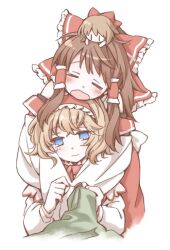  2girls alice_margatroid arata_iri blonde_hair blue_eyes brown_hair closed_eyes doll_on_head expressionless hakurei_reimu lazy multiple_girls object_on_head on_head person_on_head shanghai_doll short_hair touhou 