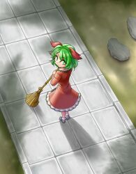  animal_ears araki_(qbthgry) bamboo_broom broom commentary_request dress female from_above green_eyes green_hair kasodani_kyouko looking_up path pavement road rock short_hair solo stone_walkway touhou 